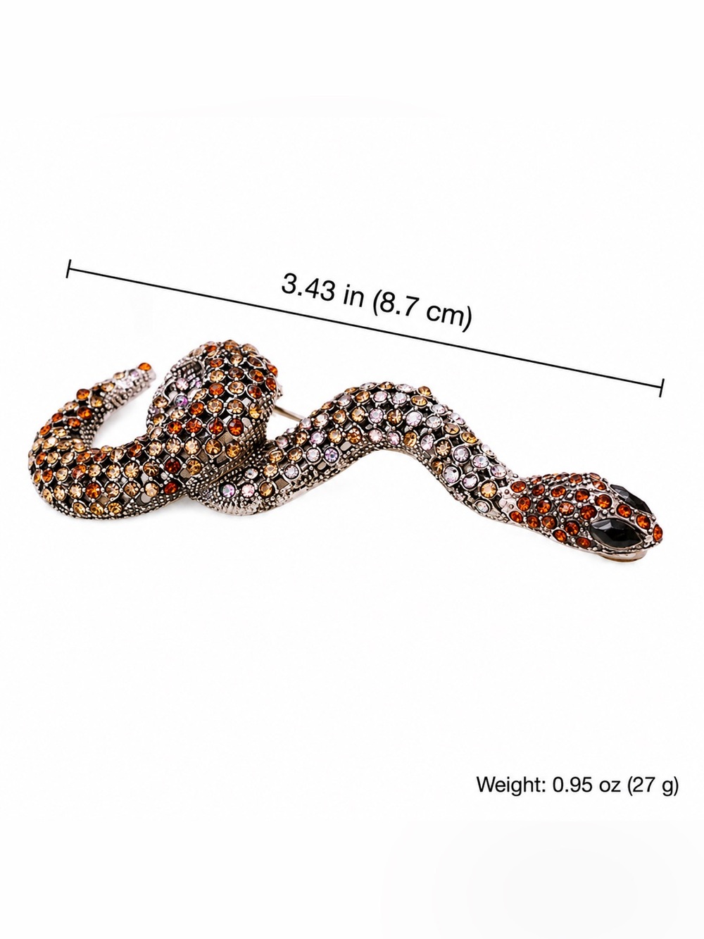 Vintage Style Crystal Snake Brooch Pin – Amber Rhinestone Serpent Brooch. - Picture 2 of 2
